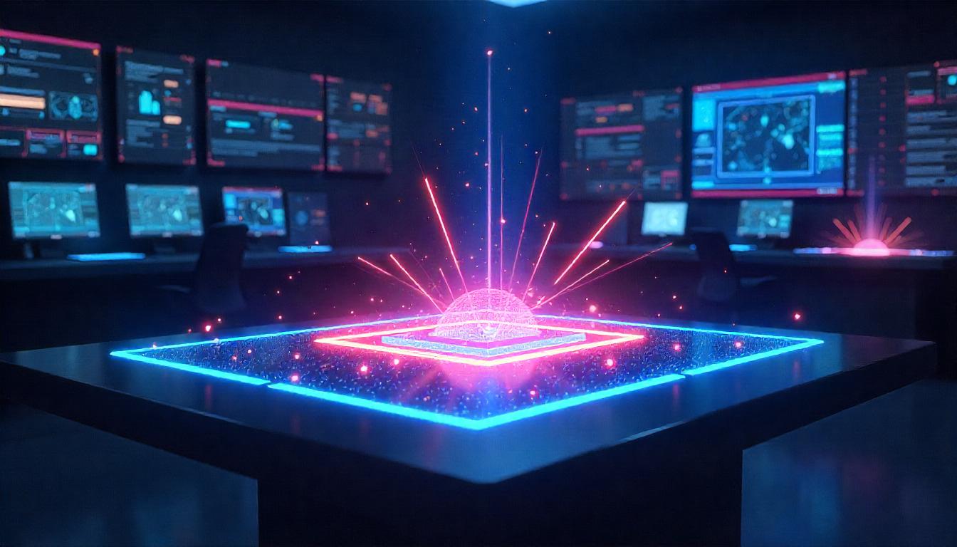 Ilustración futurista de un procesador cuántico con haces de luz y partículas entrelazadas