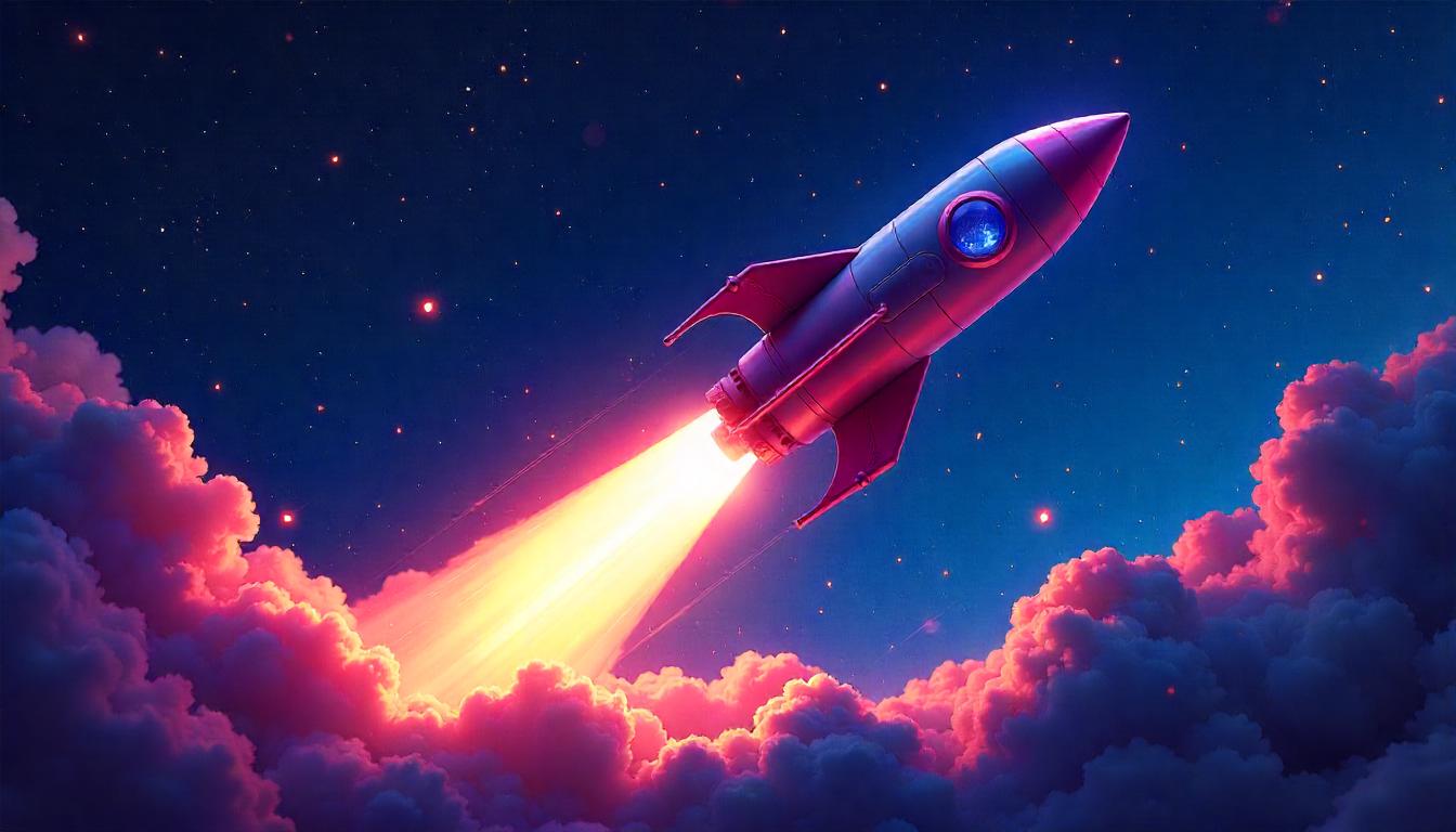 Ilustración de un cohete Astro despegando con un fondo estrellado