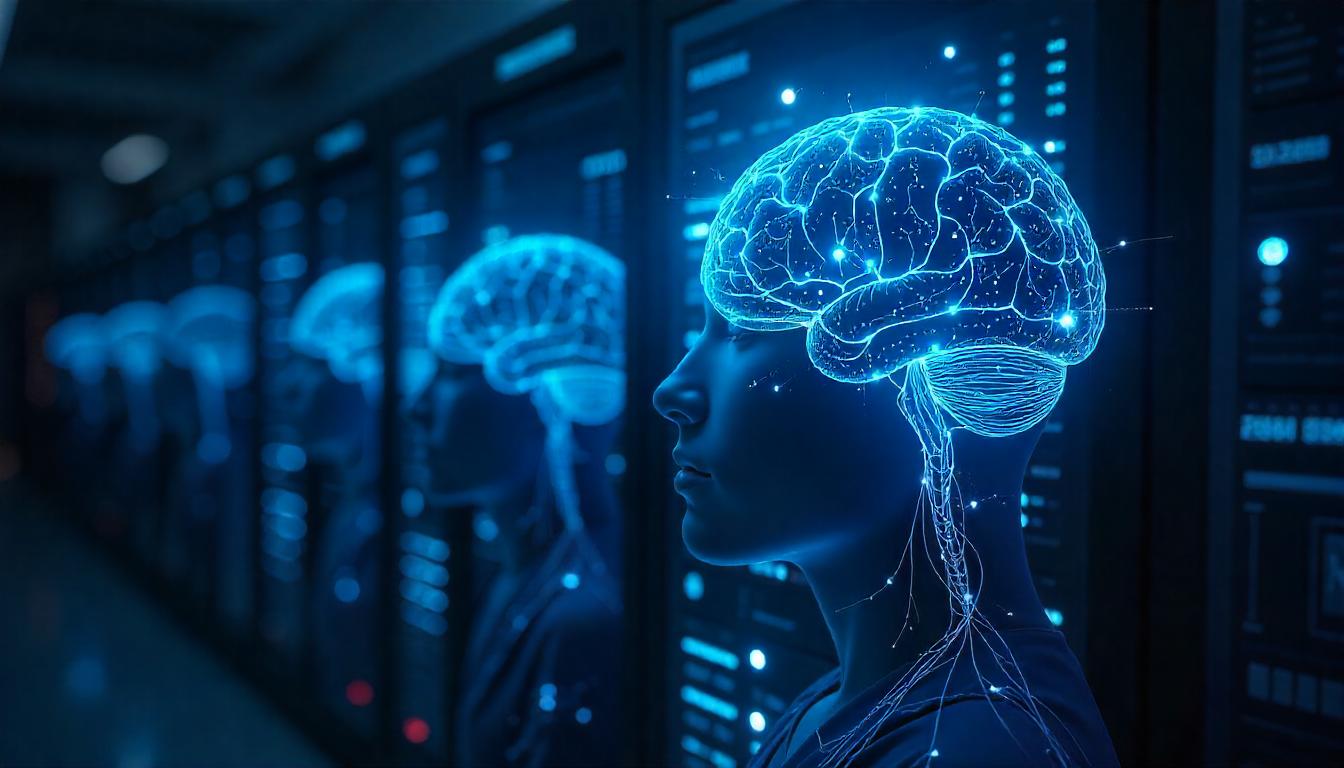 Representación abstracta de cerebros interconectados con símbolos de circuitos y datos, simbolizando la IAG